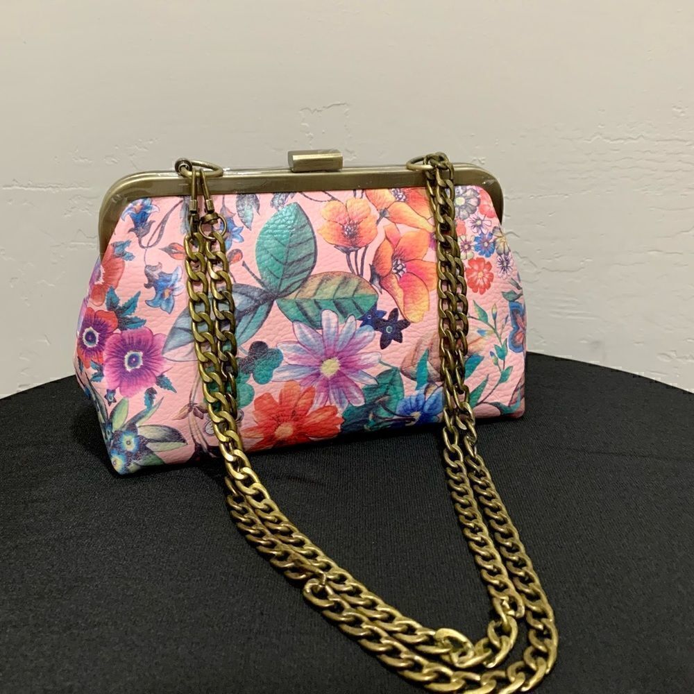 Handmade Genuine Leather Floral Printed Push-lock Clutch/Shoulder Bag/Crossbody